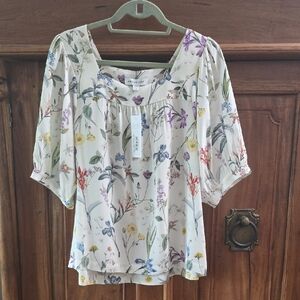 Anthropologie White Floral Smocked Puff Sleeve Blouse